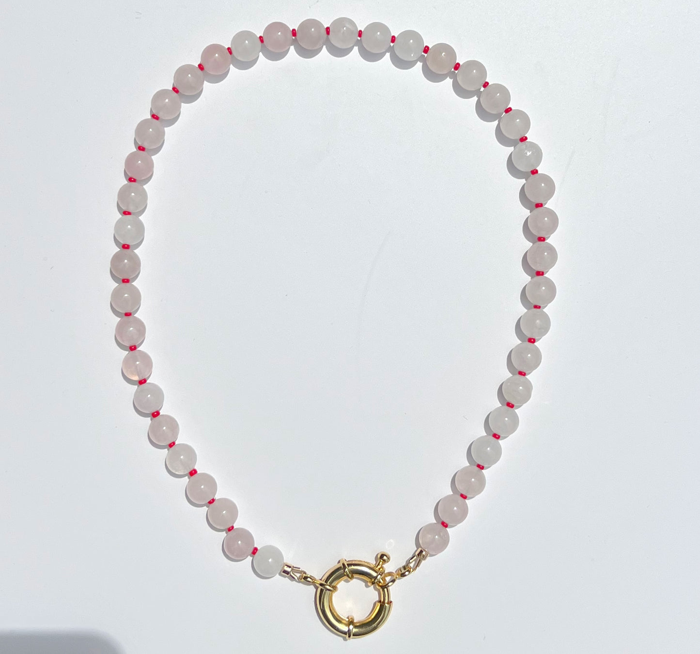 Rose Quartz Beads & Gold Sailor Clasp Necklace