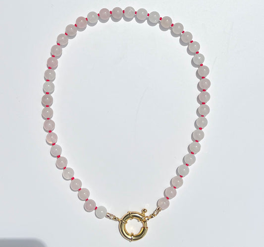 Rose Quartz Beads & Gold Sailor Clasp Necklace