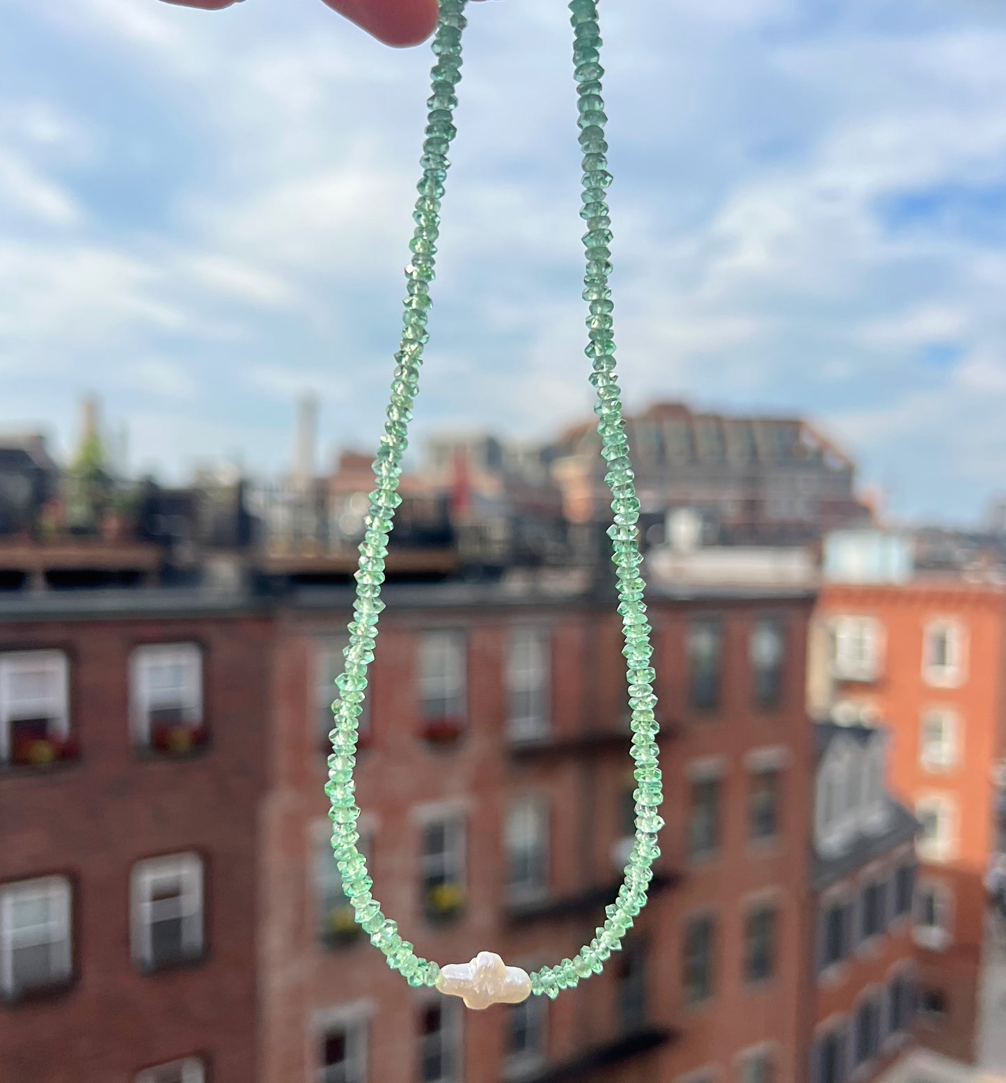 Teal Green Crystal & Freshwater Cross Pearl Necklace