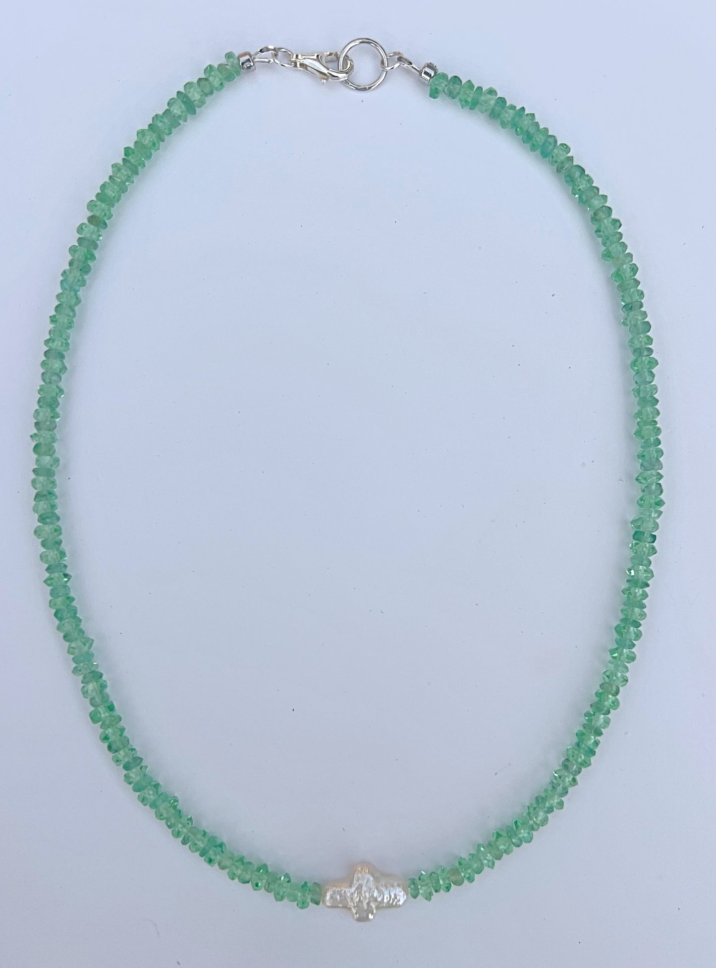 Teal Green Crystal & Freshwater Cross Pearl Necklace