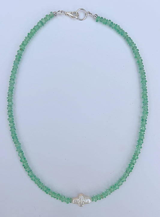 Teal Green Crystal & Freshwater Cross Pearl Necklace