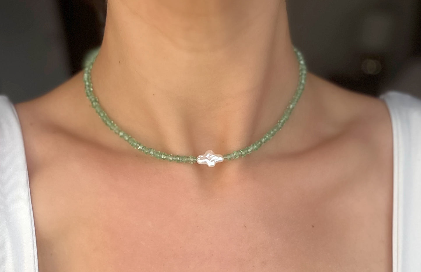 Teal Green Crystal & Freshwater Cross Pearl Necklace