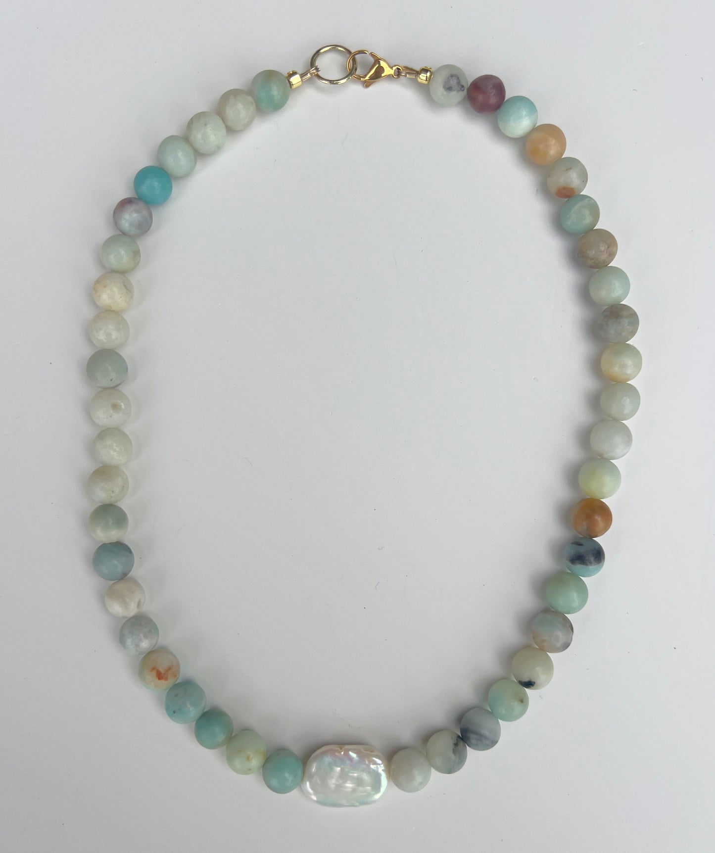 Multicolor Amazonite Beads & Flat Freshwater Pearl Necklace