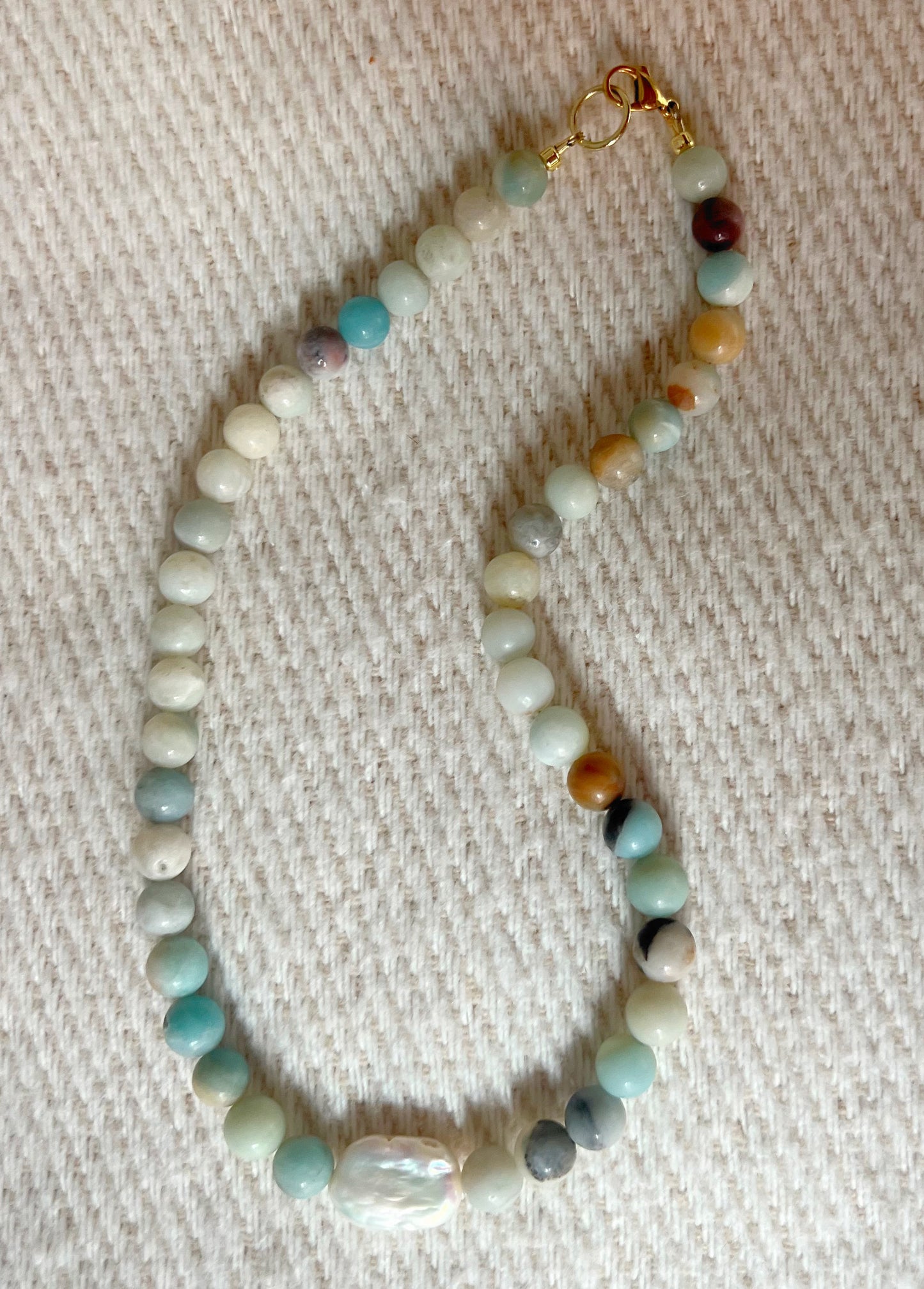 Multicolor Amazonite Beads & Flat Freshwater Pearl Necklace