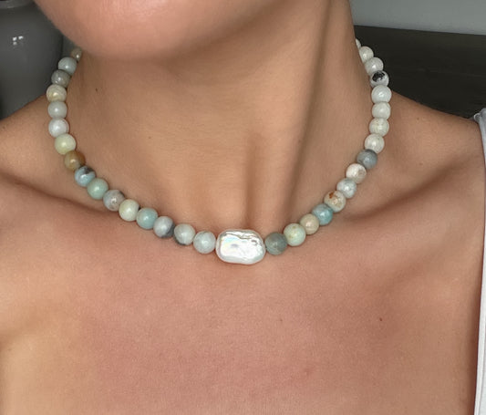 Multicolor Amazonite Beads & Flat Freshwater Pearl Necklace