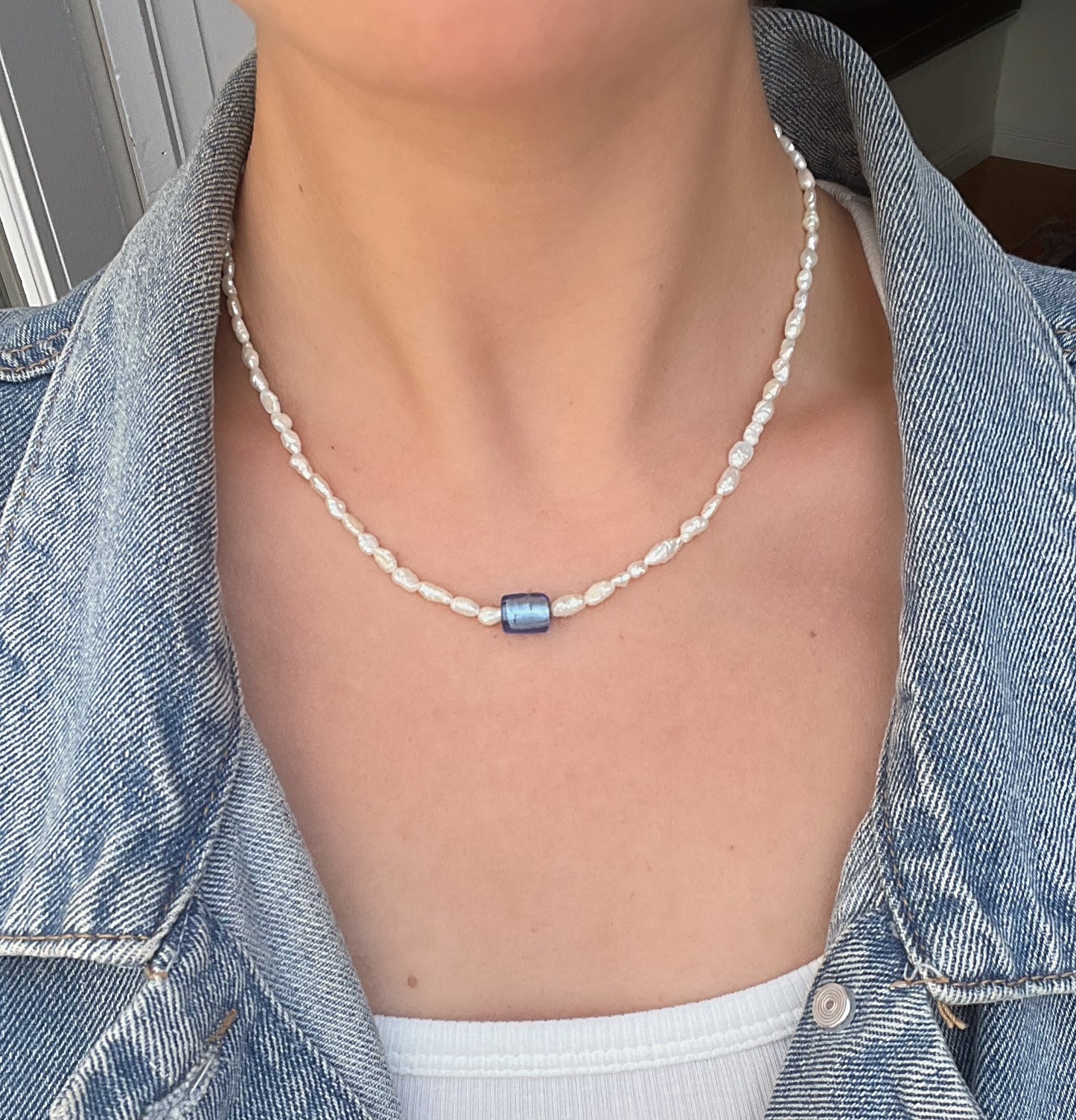 Mini Rice Pearl & Light Blue Bead Pendant Necklace