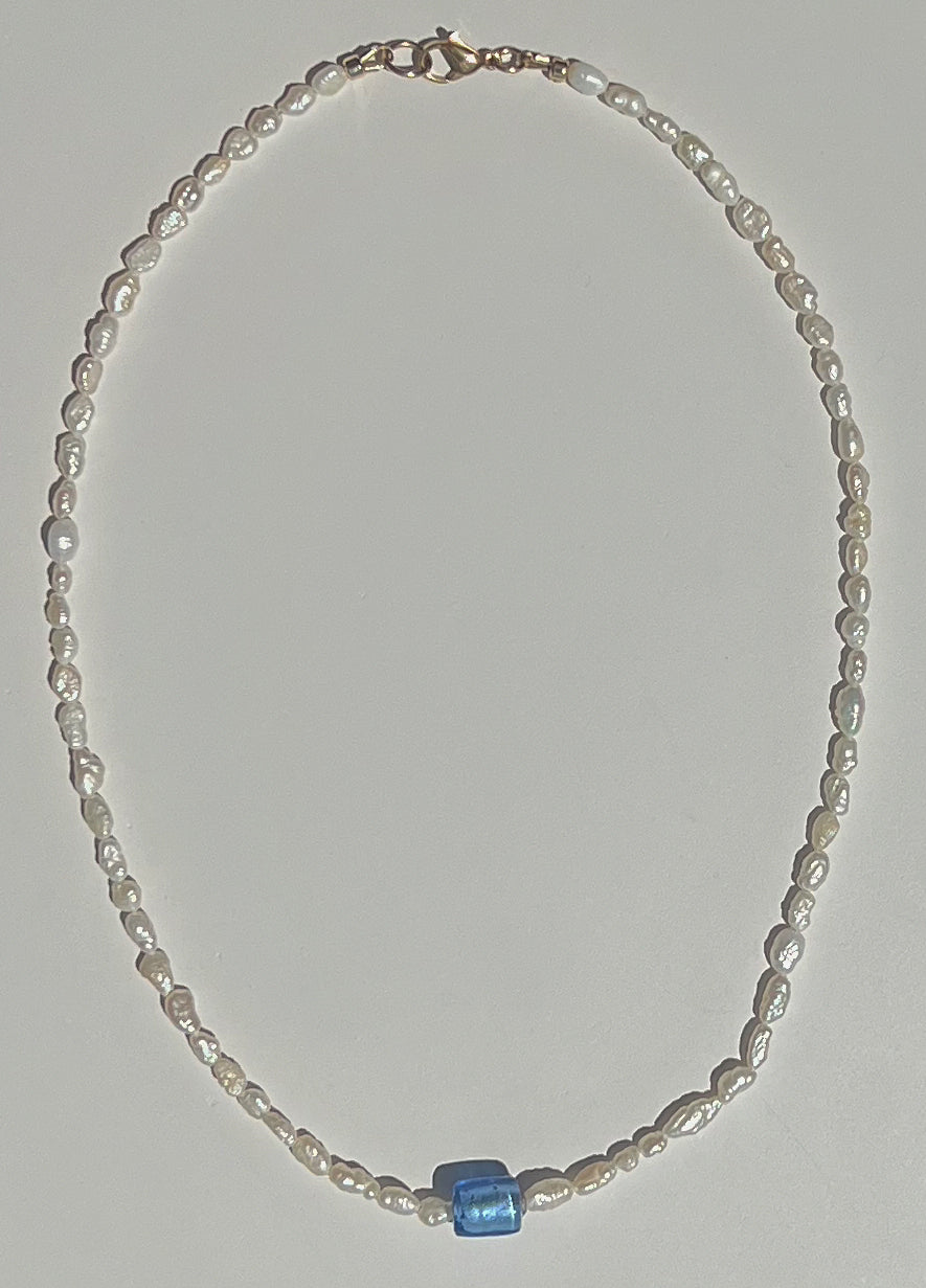 Mini Rice Pearl & Light Blue Bead Pendant Necklace