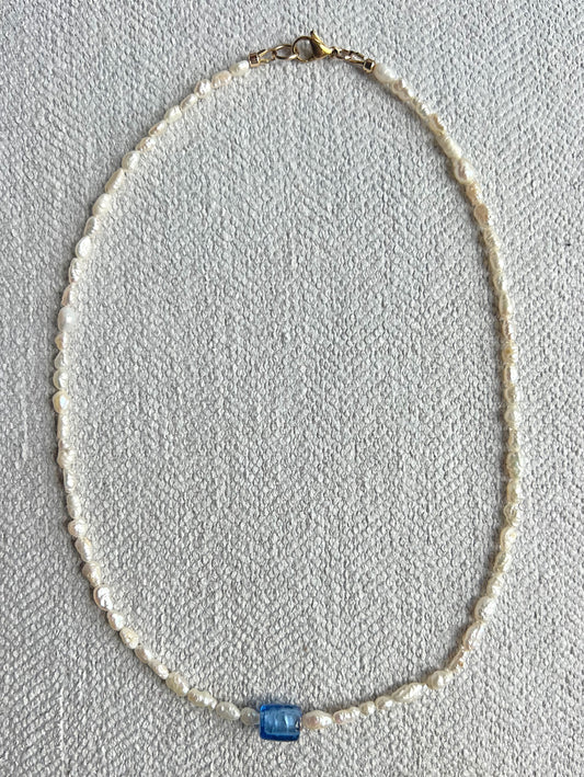 Mini Rice Pearl & Light Blue Bead Pendant Necklace