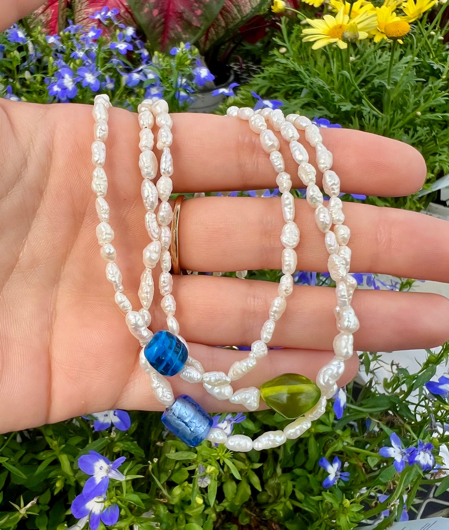 Mini Rice Pearl & Light Blue Bead Pendant Necklace