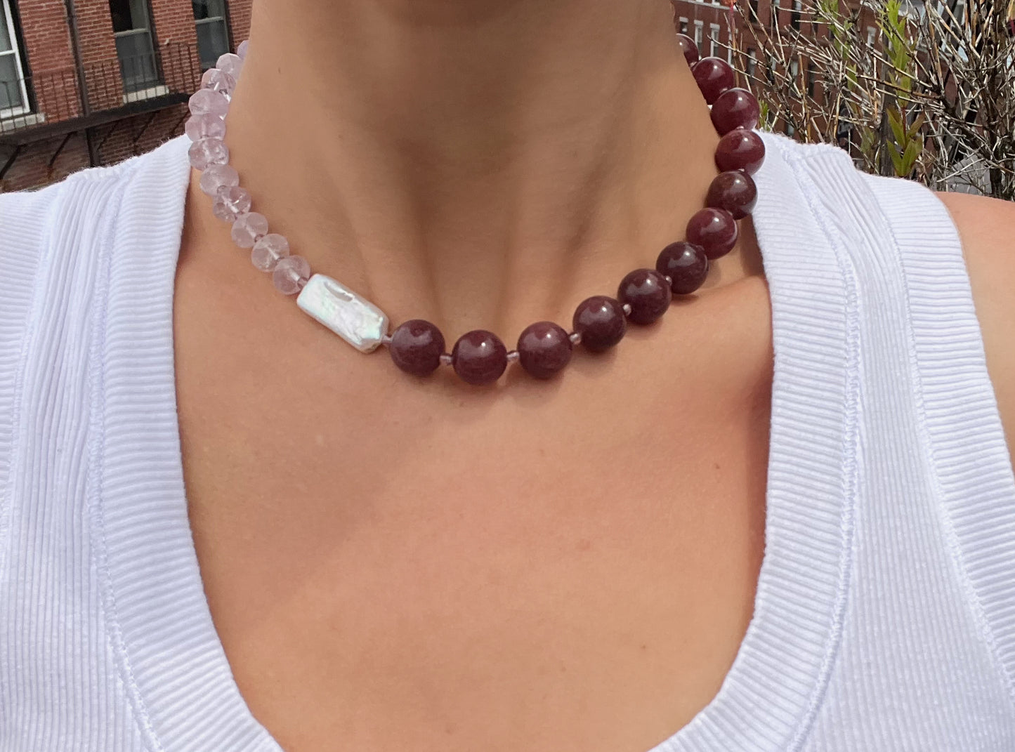 Purple Bead & Off Center Rectangle Freshwater Pearl Necklace